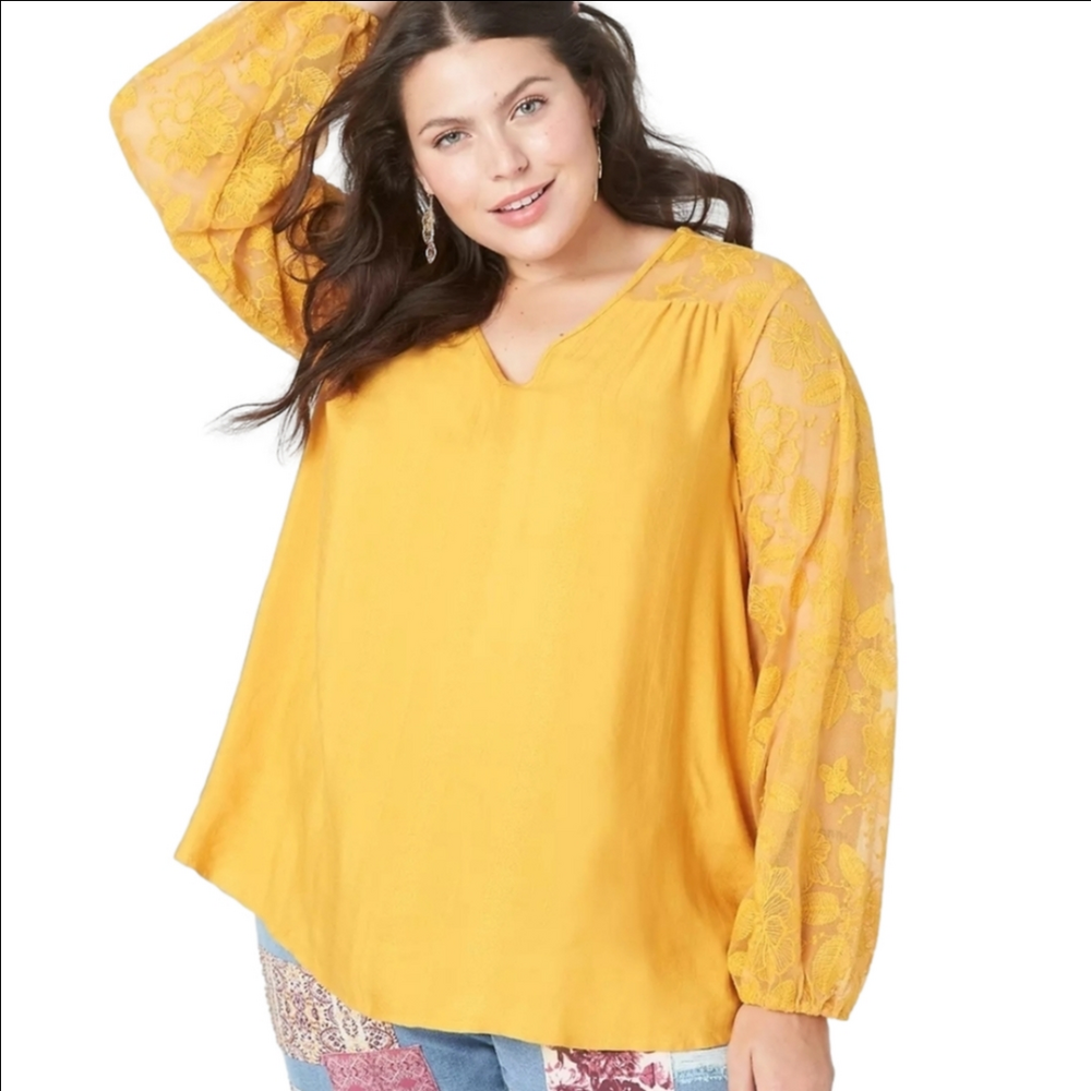 NWT Lane Bryant 100% Rayon Sunflower Yellow V-Neck Embroidered Long Sleeve Top